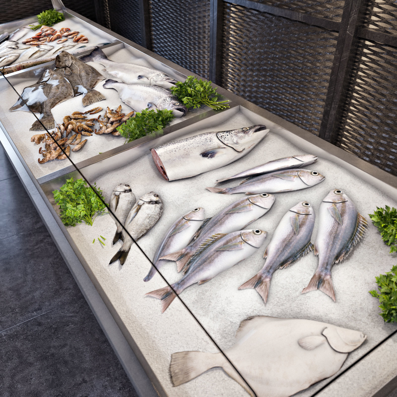Showcase with fish and seafood 3D model_3