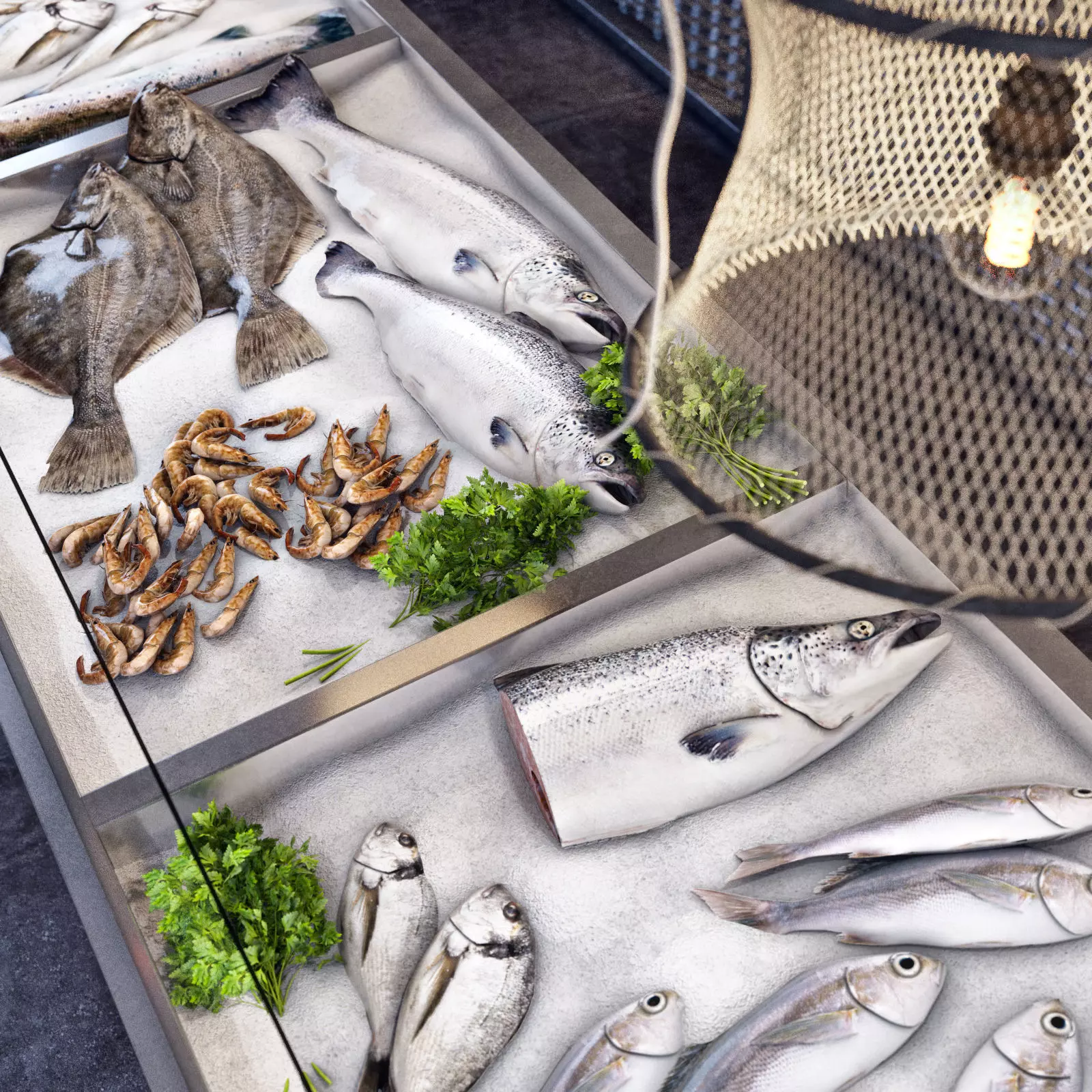 Showcase with fish and seafood 3D model_0