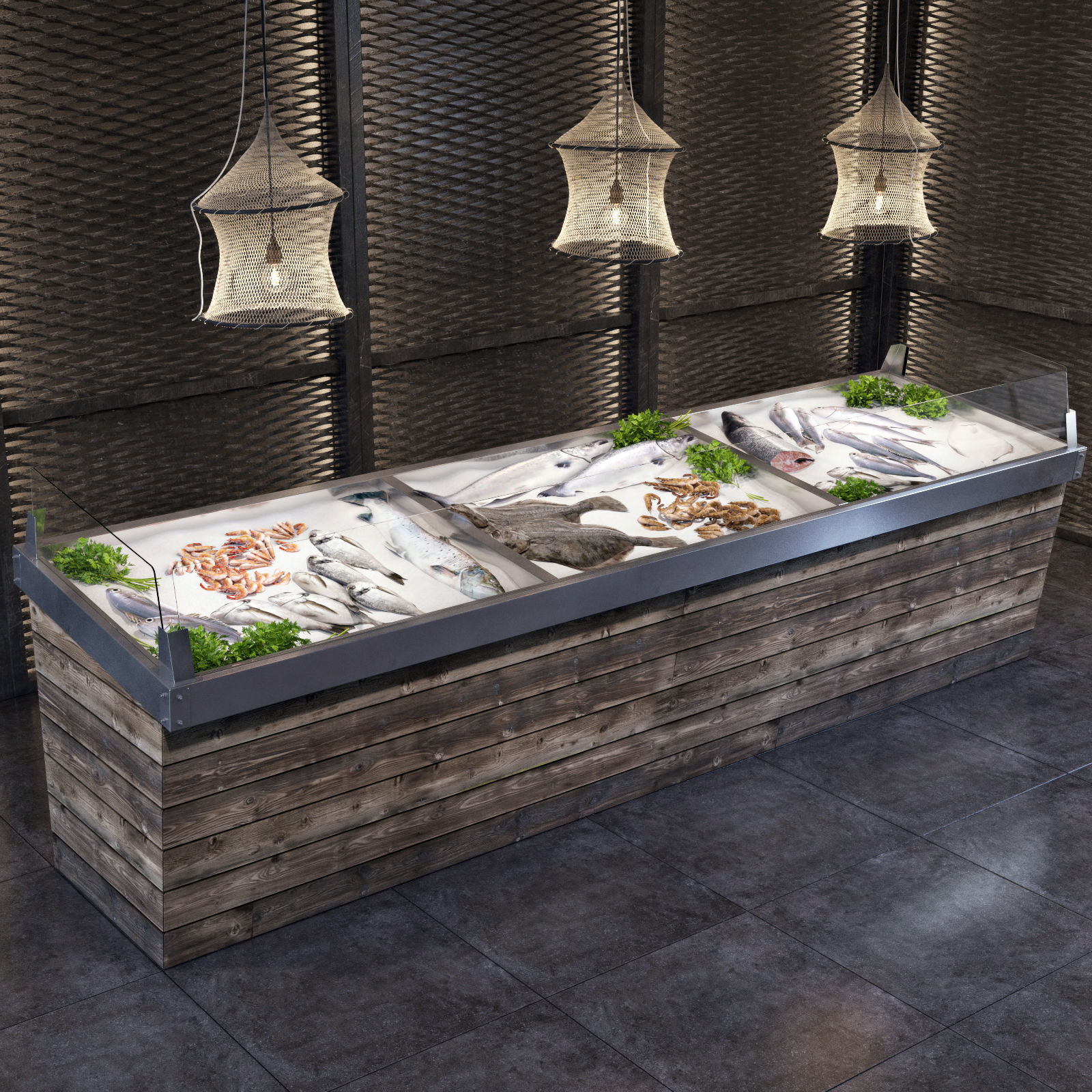 Showcase with fish and seafood 3D model_1
