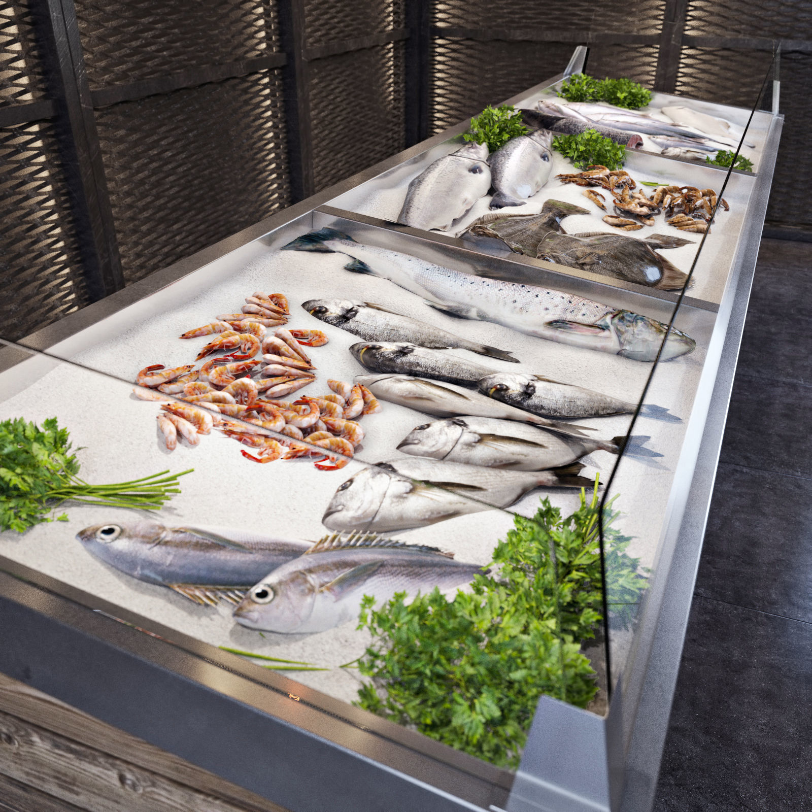 Showcase with fish and seafood 3D model_2