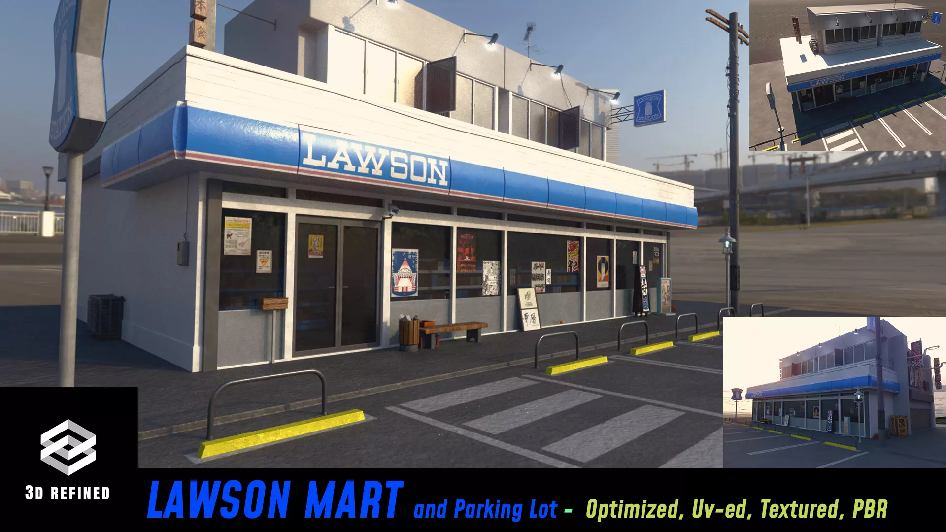 Lawson - convenience store and street- lowpoly PBR Low-poly 3D model_0