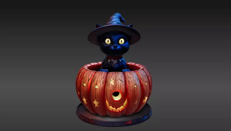 Witch s Cat Lantern 3D Print Model Magical Halloween Pumpkin 3D print model_1