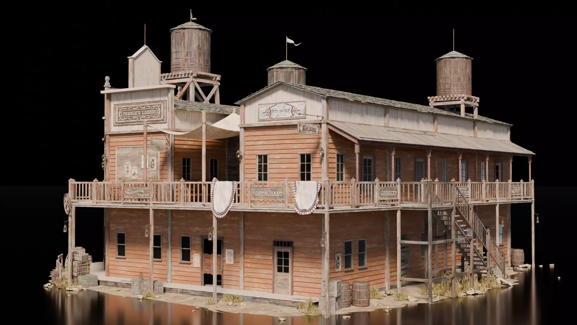 Wild West Building Saloon 3D model_2