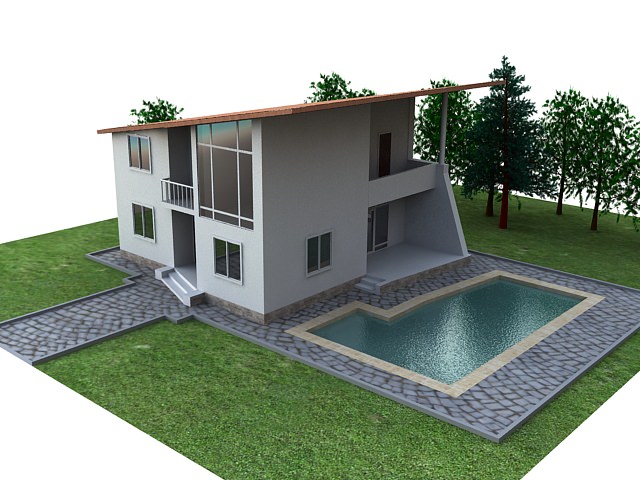House with swimming pool 3D model_1