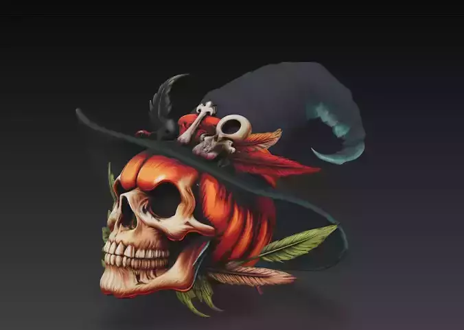 Pumpkin Skull with Witch Hat - Stylized Halloween 3D Model 3D print model