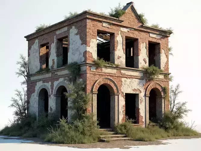 Weathered Brick Ruin 3D Model  Abandoned Two Story House Asset