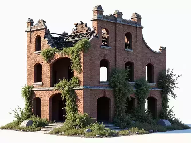 Abandoned Red Brick House 3D Model  Overgrown Post Apocalyptic