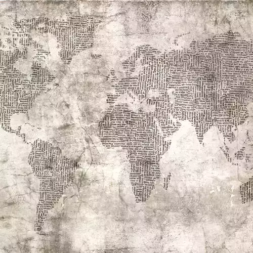 Typographic World Map on Aged Plaster Wallpaper Texture