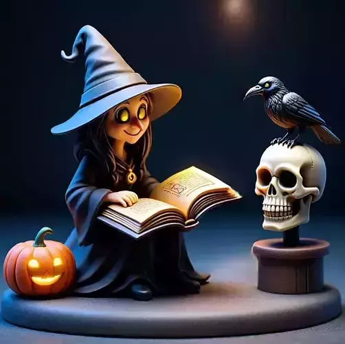 2476Halloween Witch with Skull  Raven and Pumpkin