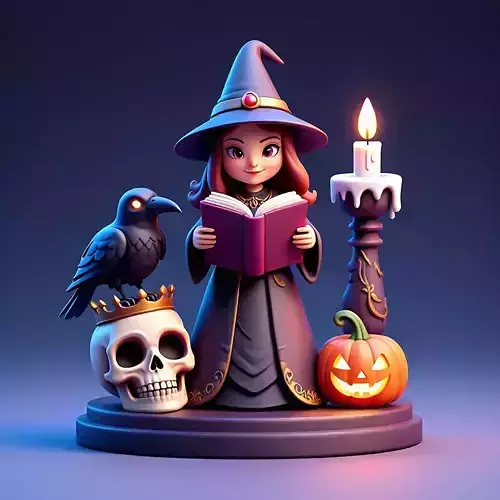 2477Halloween Witch with Skull  Raven and Pumpkin