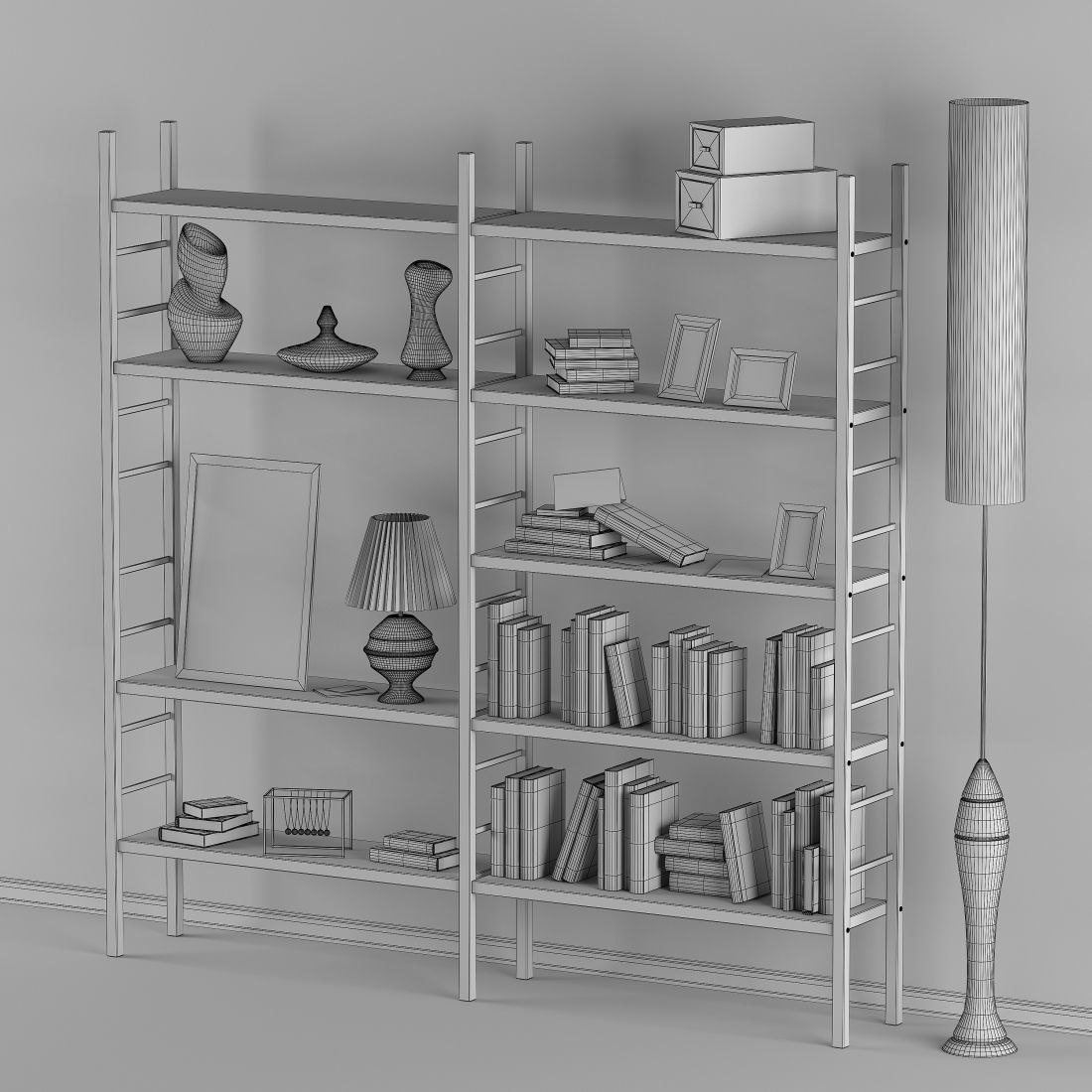 Bookshelf with books and decoration objects 3D model_8