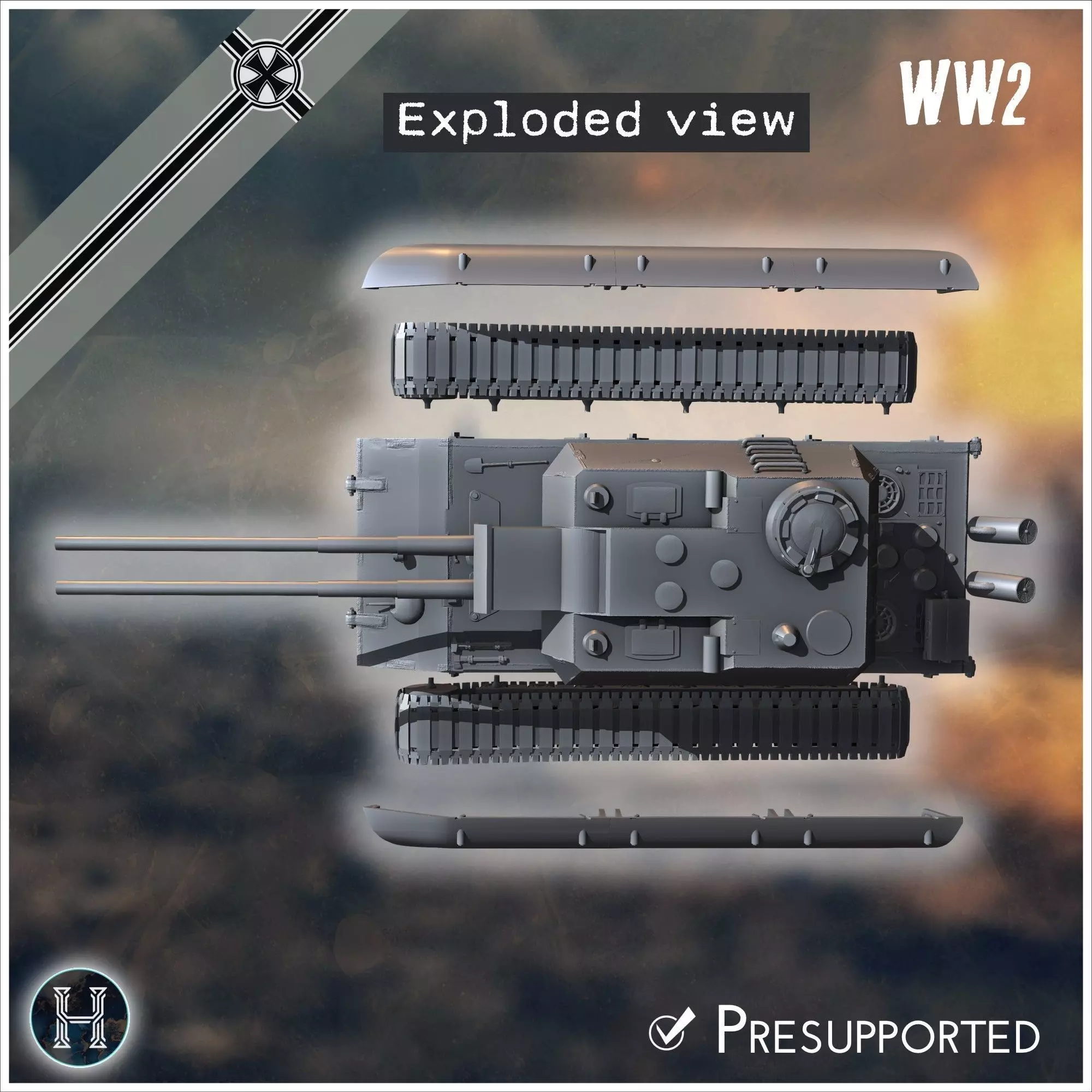 Flakzwilling 88mm Flak 43 L71 auf E-100 Alligator Entwicklung tw 3D print model_4