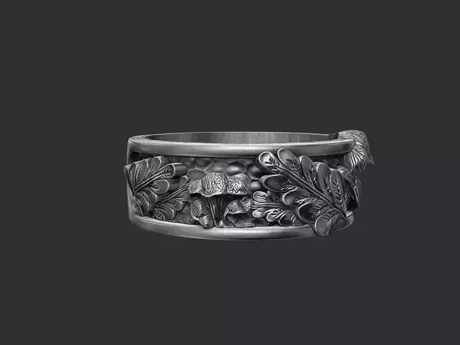 Chantrelle mushroom and tree leaves wedding band