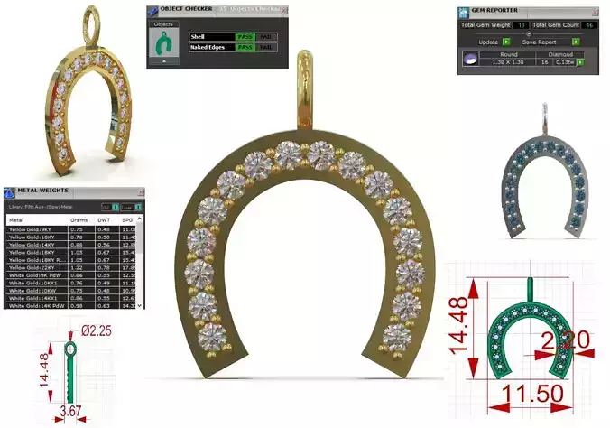 Gold stl 3dm Plate Diamond Horseshoe jp0354