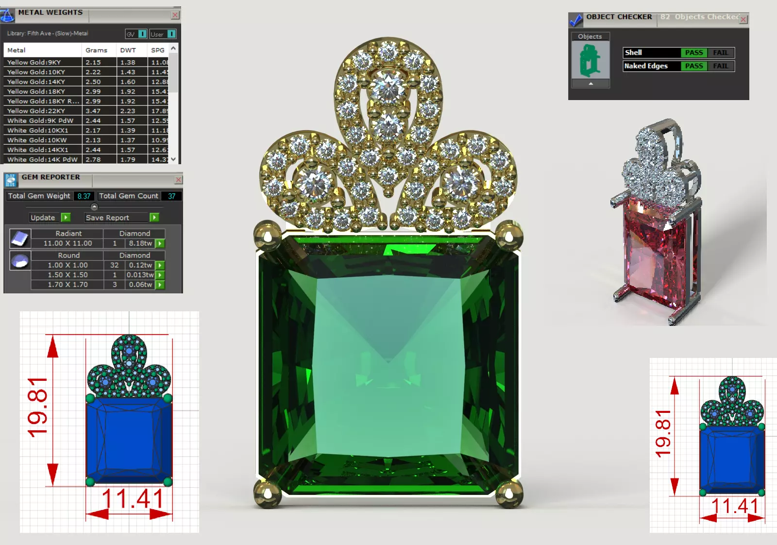 Emerald Square with Diamond Crown stl 3dm pendant jp0355 3D print model