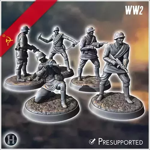 Set of five Soviet Russian Red Army soldiers WW2 USSR with Mosin