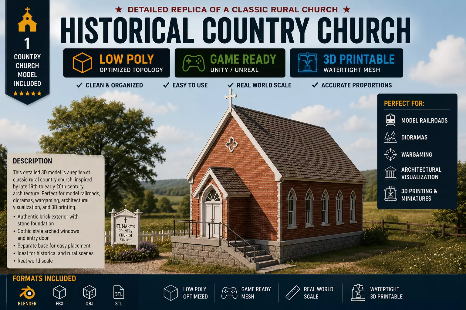 Historic Countryside Church Chapel Blender STL Game Ready 3D print model