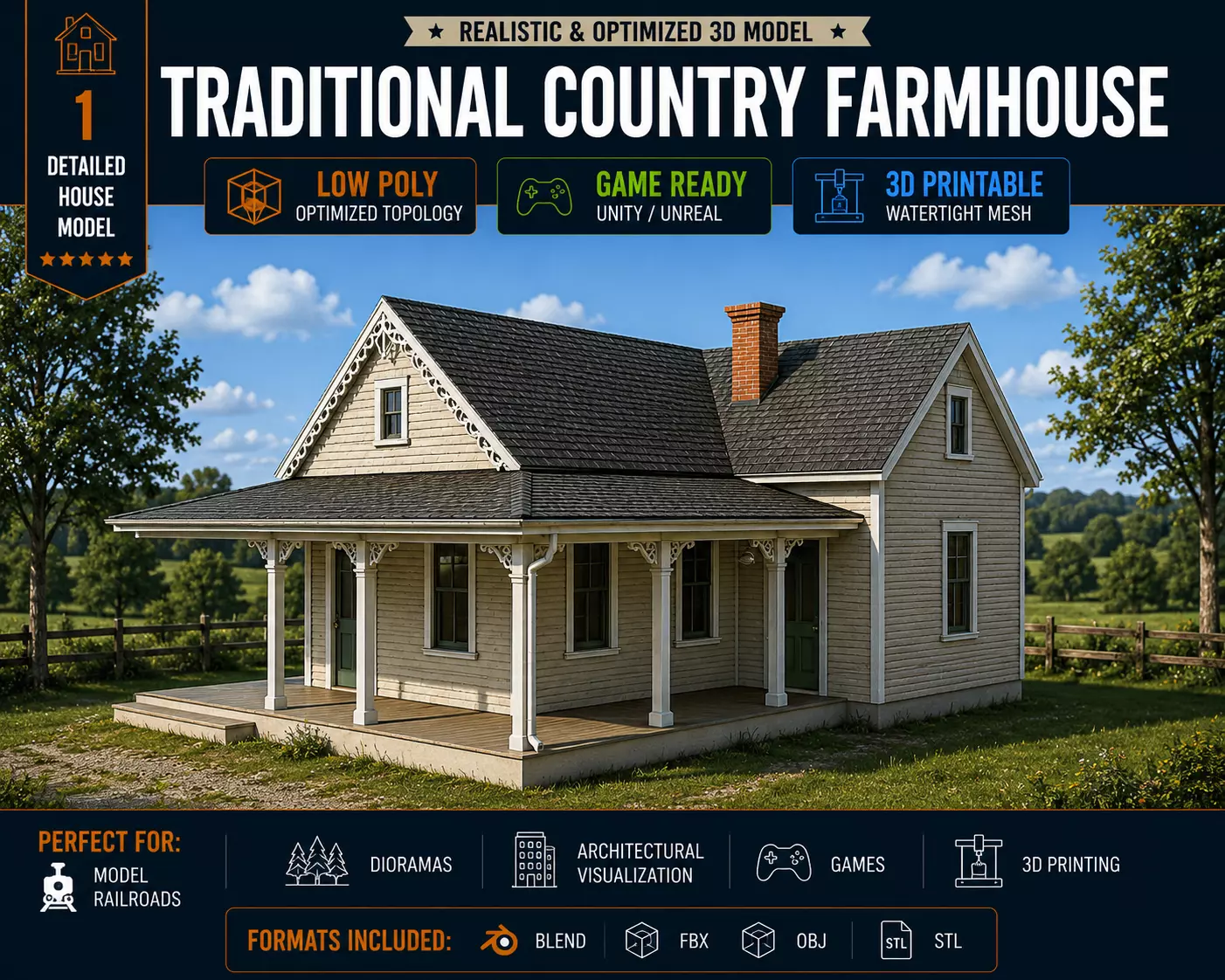 Traditional Country Farmhouse with Porch Low Poly Game Ready 3D print model