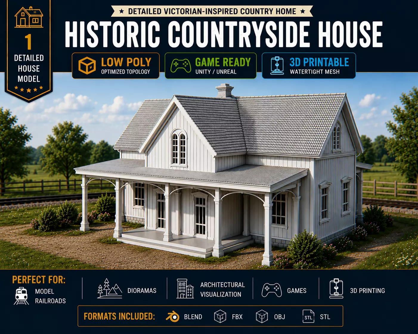 Historic Victorian Countryside House Low Poly Game Ready 3D print model