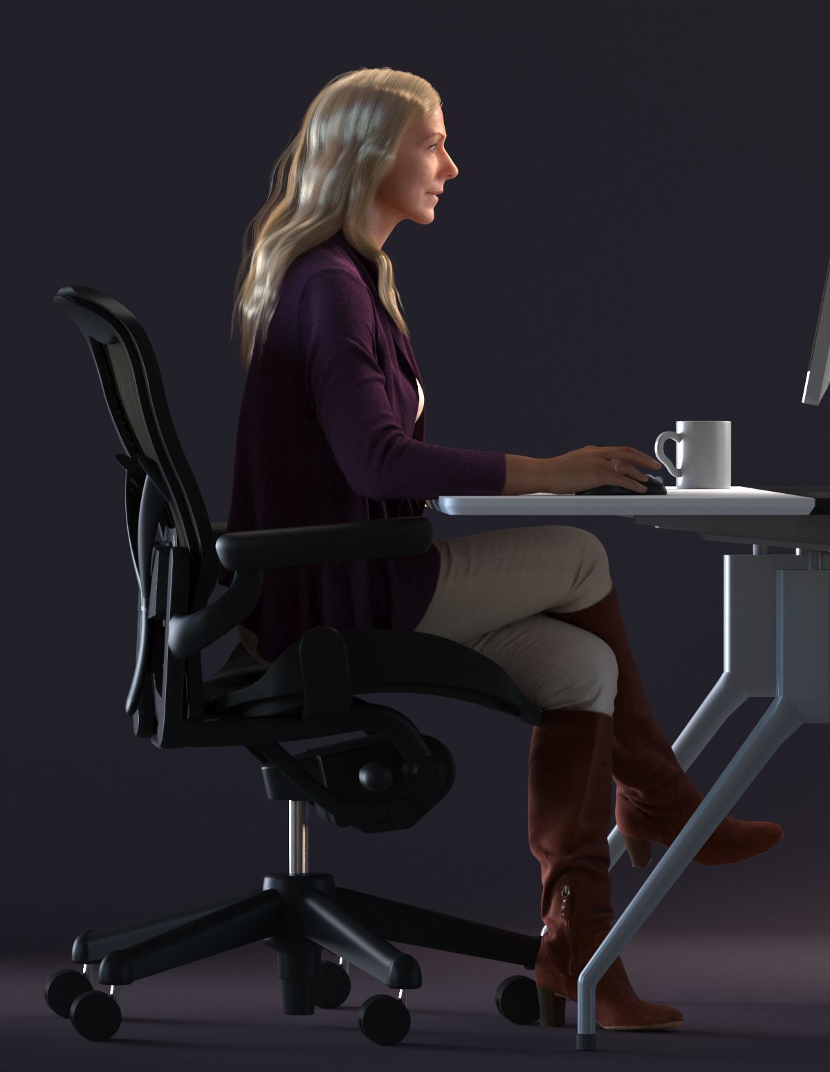 Blond female sitting behind a desk  3D model_3