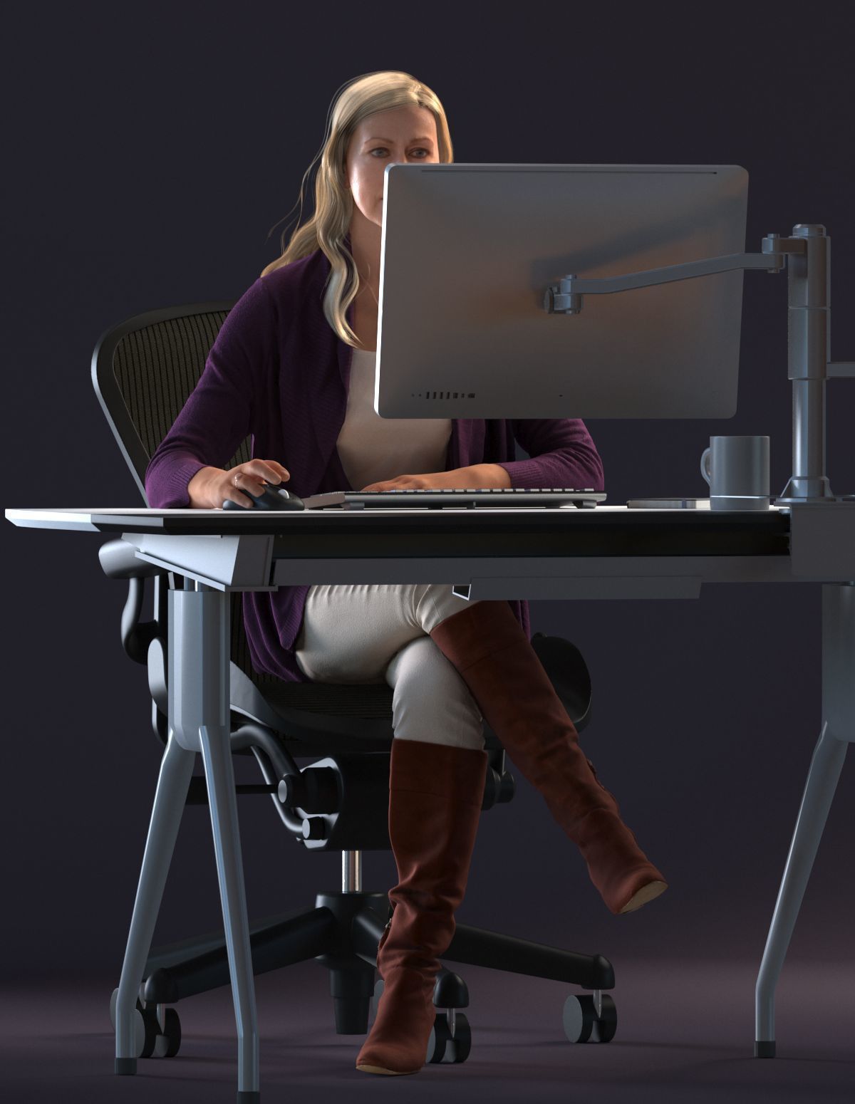 Blond female sitting behind a desk  3D model_11