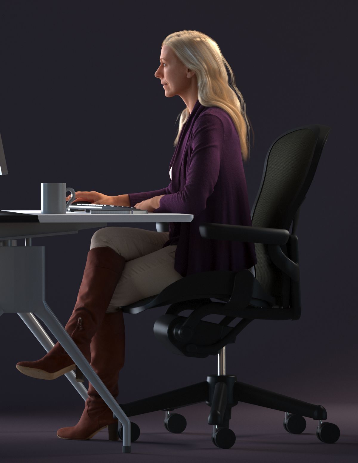 Blond female sitting behind a desk  3D model_9