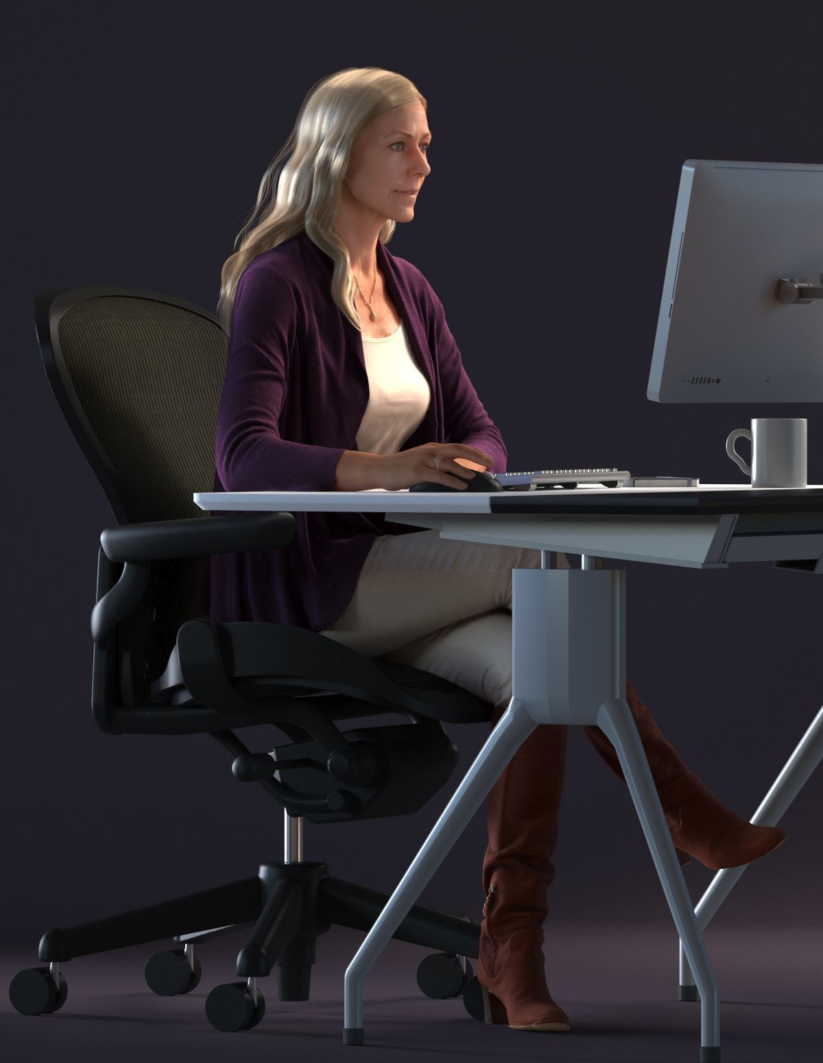 Blond female sitting behind a desk  3D model_5