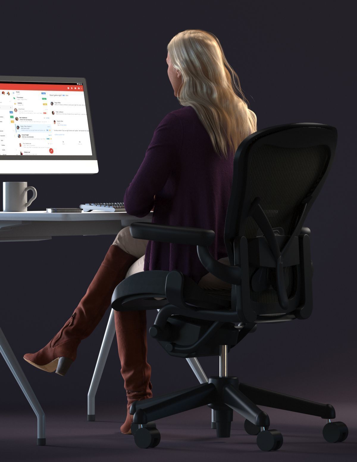 Blond female sitting behind a desk  3D model_10