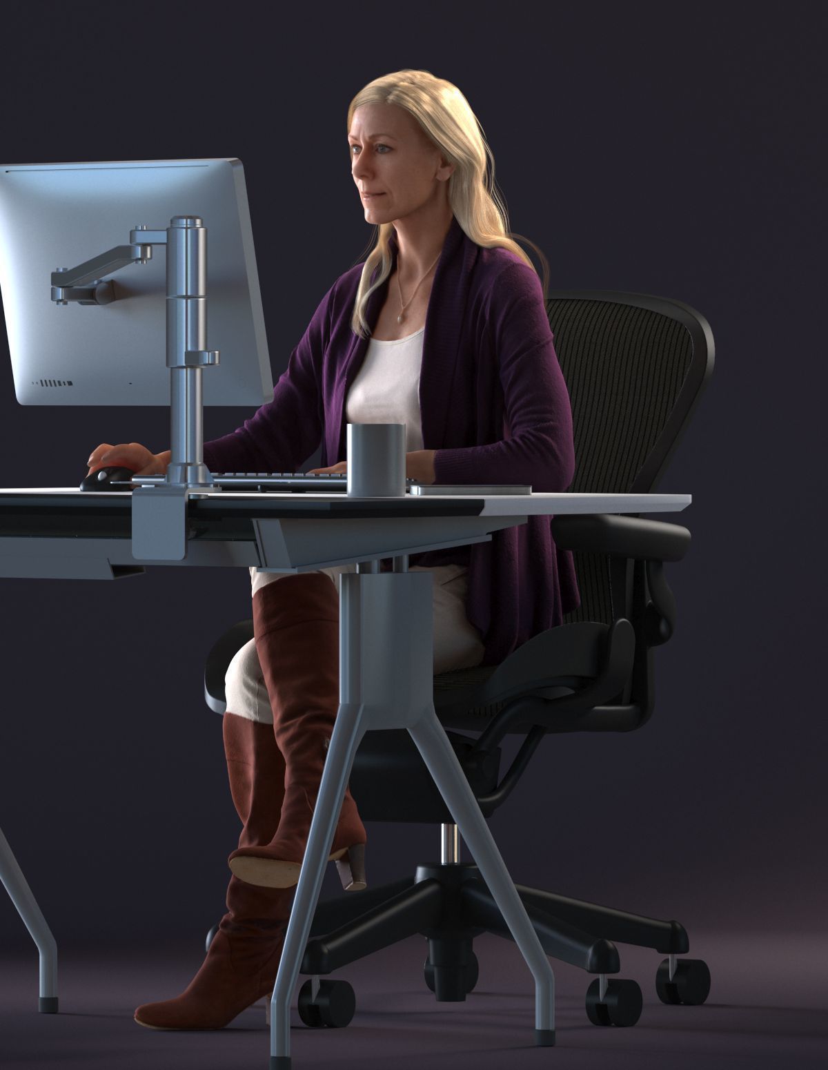 Blond female sitting behind a desk  3D model_8
