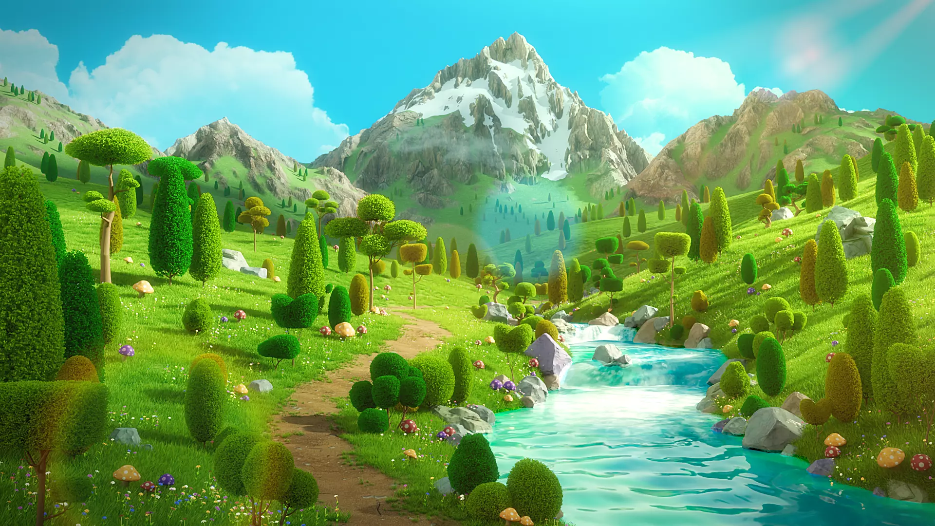 Cartoon Forest Road  River Scene 3D model_2