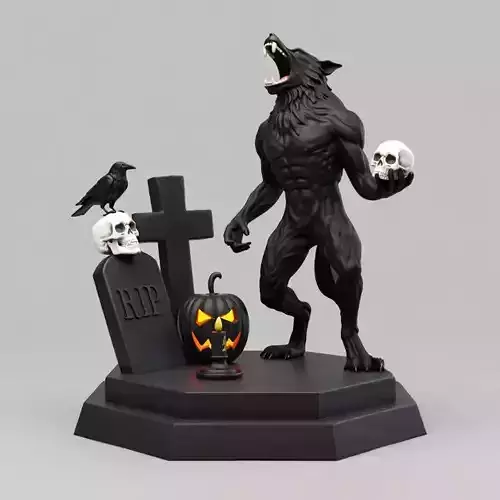 2484Werewolf Howling with Skull  3D Model magic