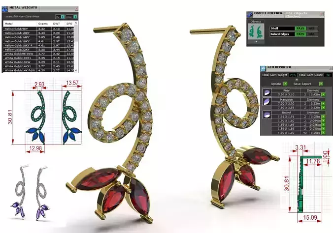 Stl 3dm gold Earrings Sparkling Ivy with Ruby Petals je0141 3D print model