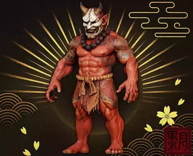 Japanese Oni with Hannya Mask - Tattooed Demon FBX OBJ ZPR STL