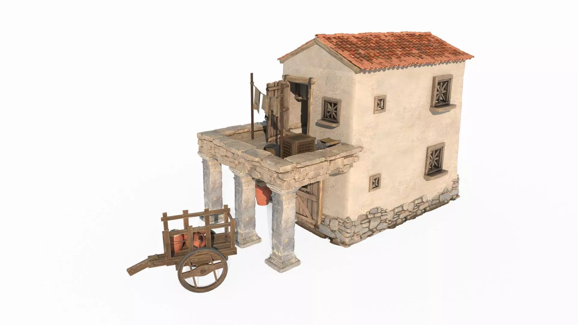 Medieval red-tiled houses 3D model_2