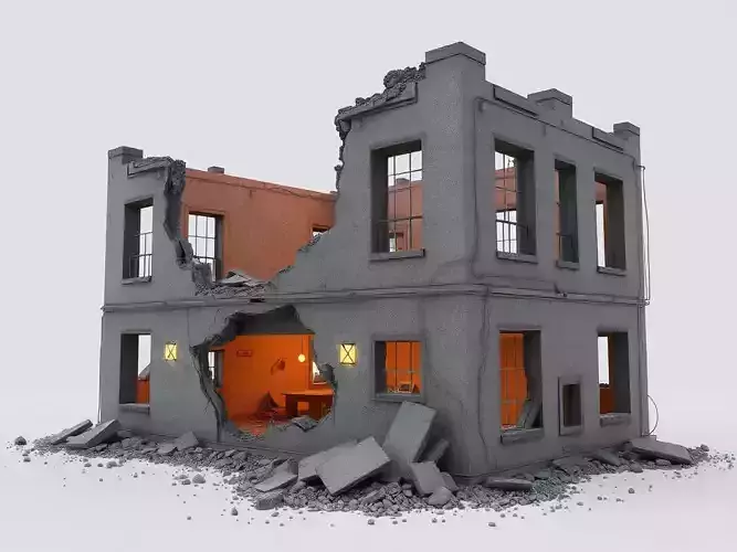 Destroyed Red Brick Building 3D Model Urban War Torn House