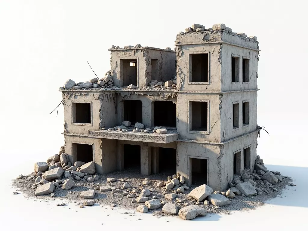 Collapsed Concrete Building 3D Model Ruined Modern Architecture Low-poly 3D model