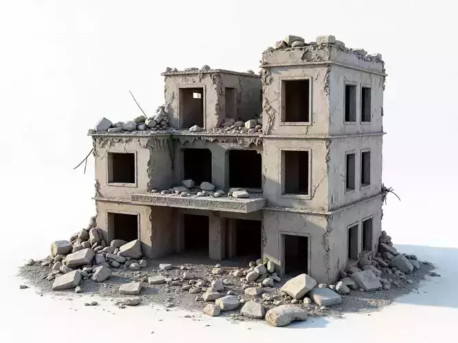 Collapsed Concrete Building 3D Model Ruined Modern Architecture