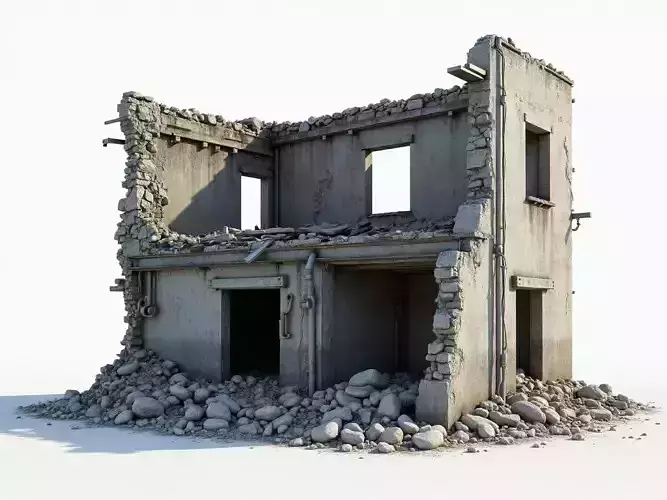 Destroyed Concrete House 3D Model Realistic Ruined Architecture