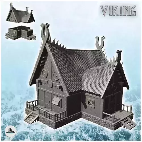 Wooden viking house on platform with double stairs and annex 12  3D print model