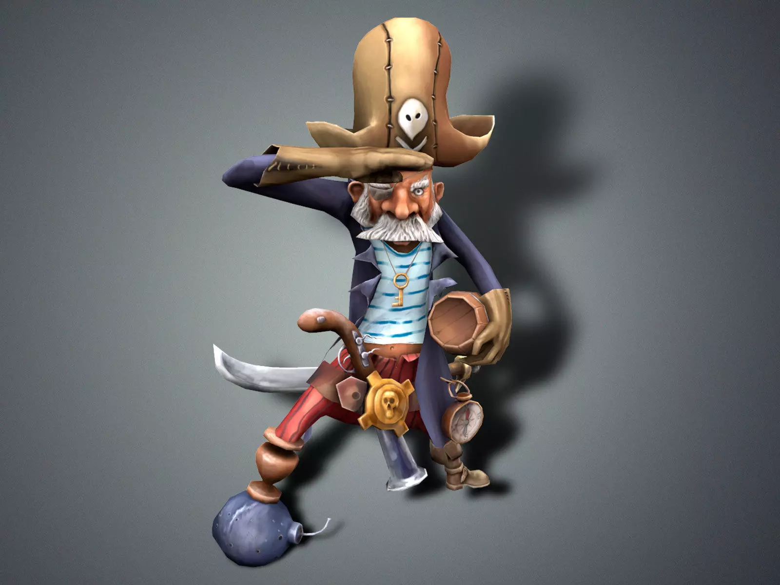 Corsair cartoon character in pirate costume Low-poly 3D model_0