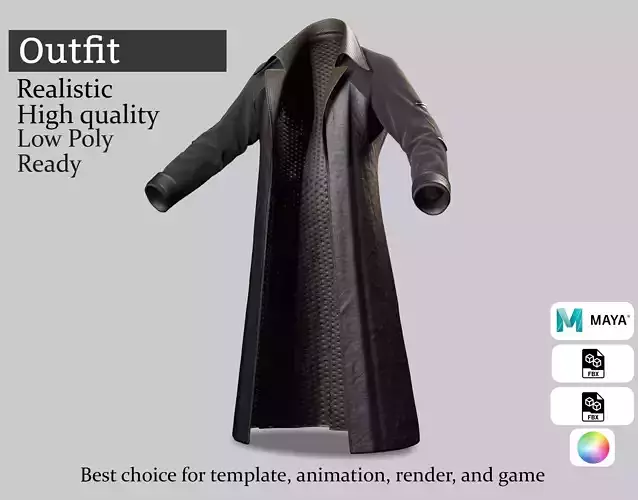Black Trench Coat 3D Model Cinematic Character Wear