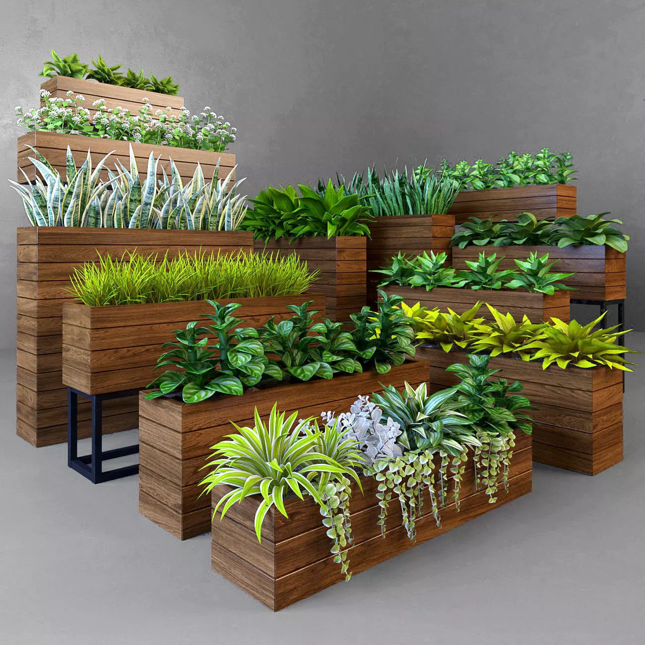 Plant wooden planter with different plants 3D model_0