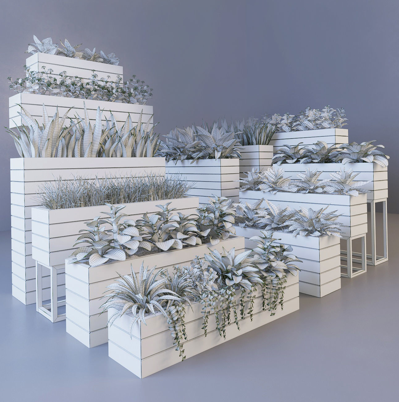 Plant wooden planter with different plants 3D model_4