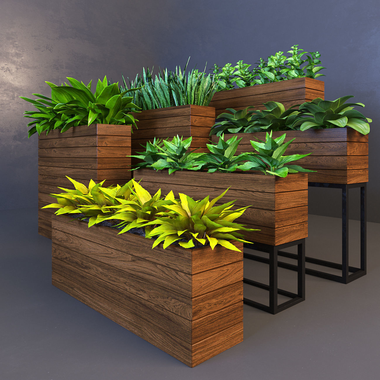 Plant wooden planter with different plants 3D model_1