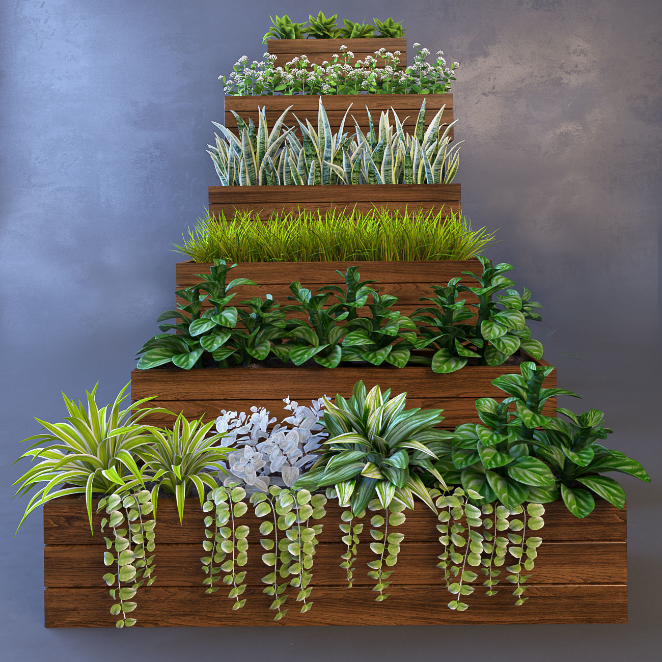 Plant wooden planter with different plants 3D model_2