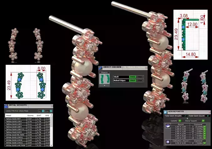 Earrings Linear Drop with Clusters of Flowers and Pearls pe0054