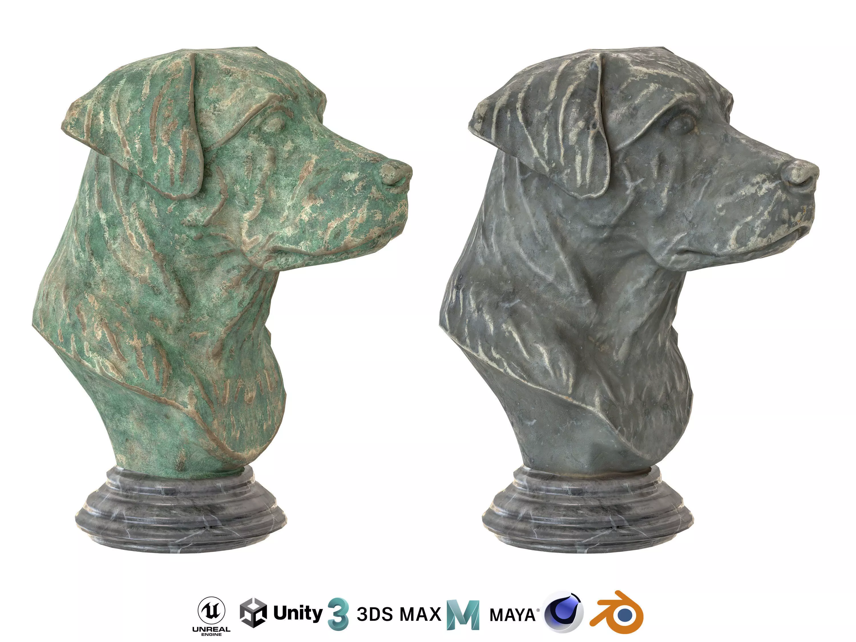 Dog bust oxydated statues Low-poly 3D model