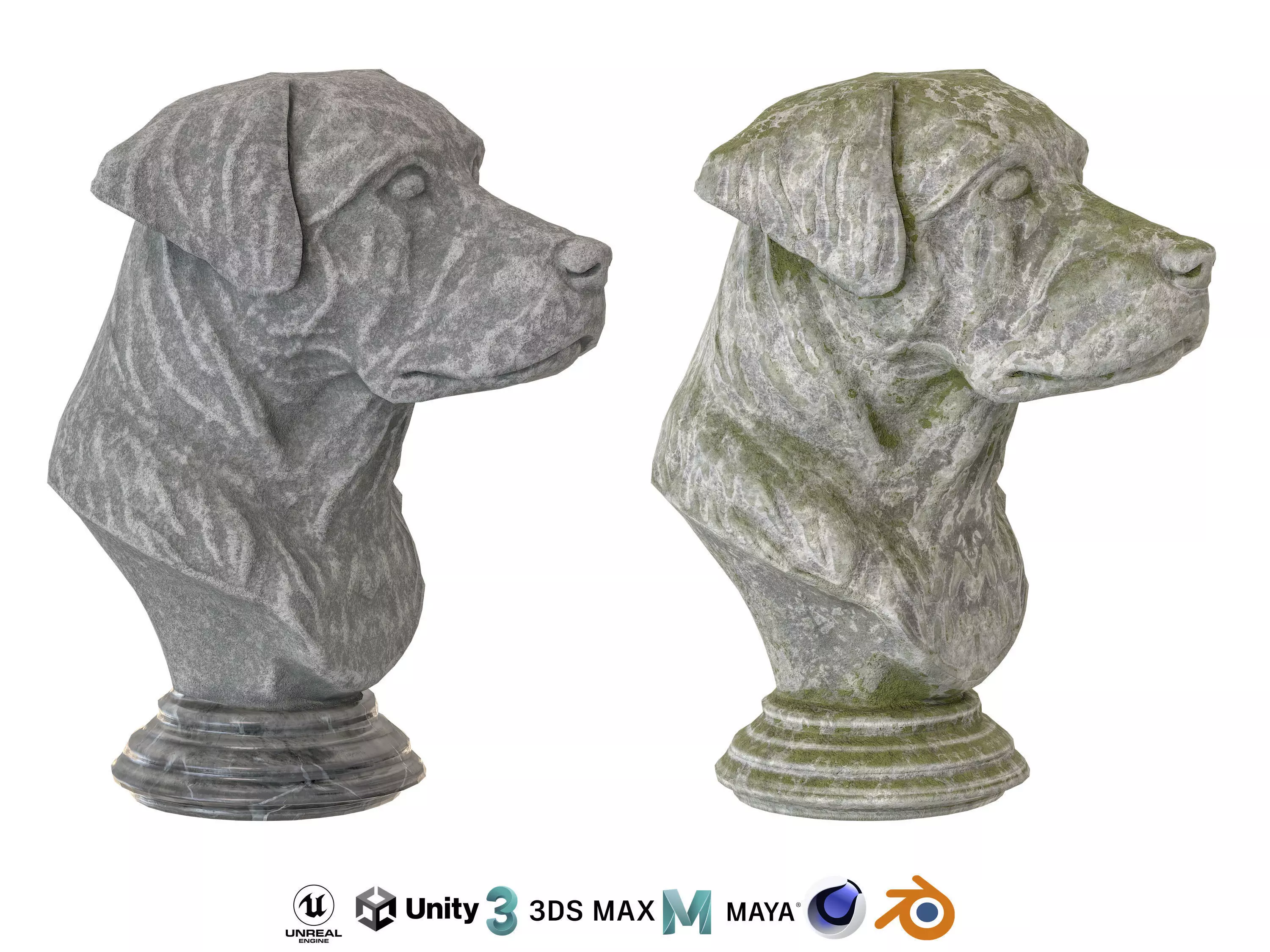 Dog bust stone statues Low-poly 3D model