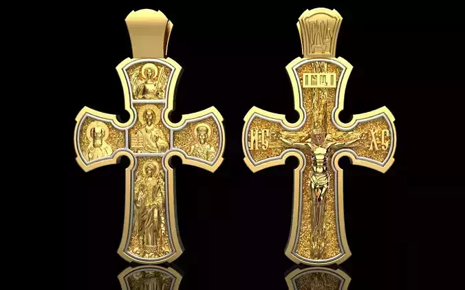 Double side Orthodox cross with Jesus and Saints model 1414
