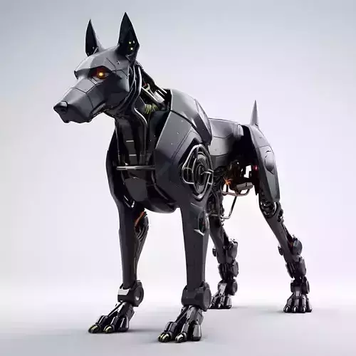 Futuristic Robo-Dog Sleek Black Mech Glowing Eyes 3D